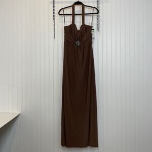 NWT Cachet Women’s Brown Rhinestones Halter Evening Maxi Dress Size 8